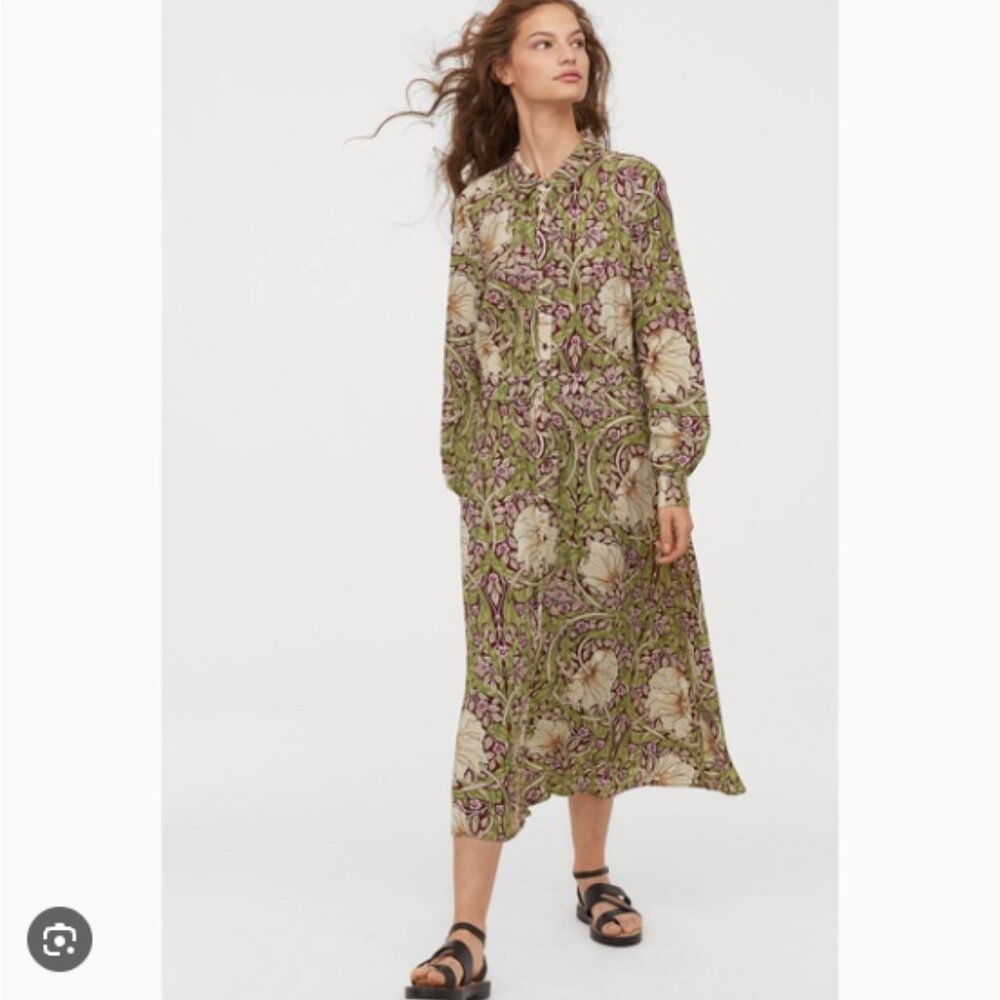 NWOT H&M William Morris & Co burgundy floral midi shirt dress, size 8